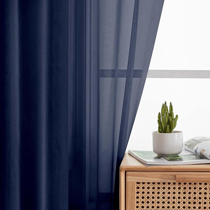 Kitchen Curtains 24 Inch Length Tier 2 Pieces, Navy Blue Sheer Curtain Solid Soft Sheer Short Curtains for Windows, Cafe Bathroom Basement Rod Pocket Drapes, Navy Blue, Each 42"Wx24"L Inches