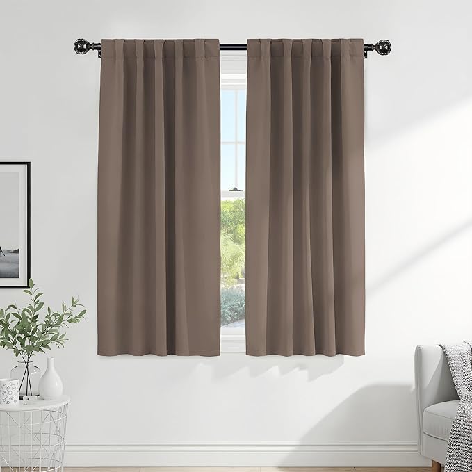 PONY DANCE Decorative Window Drapes - Blackout Thermal Insulated Curtain Draperies Home Decoration Back Tab/Rod Pocket Blackout Curtain Panels for Bedroom, 42-inch by 63-inch, Mocha, Set of 2