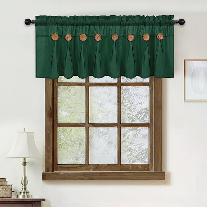 FRAMICS Farmhouse Valance Curtains, Boho Cotton Linen Kitchen Valance, Green Rustic Button Window Valances for Kitchen Bathroom, Country Rod Pocket Valances for Windows Christmas, Green, 52 x 18 Inch