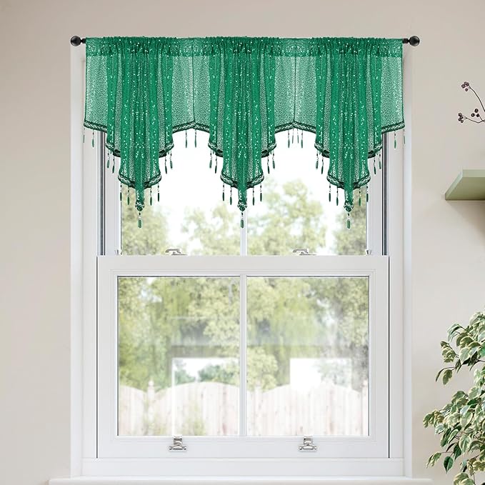 Molaxhome Swag Curtain 51 inch Length Rod Pocket Scalloped Curtain Valance Sheer Lace Panels with Hanging Crystal Beads for Kitchen Bedroom Window Treatments Drape Decor 1pc (Sequin Green, 51Wx23L)