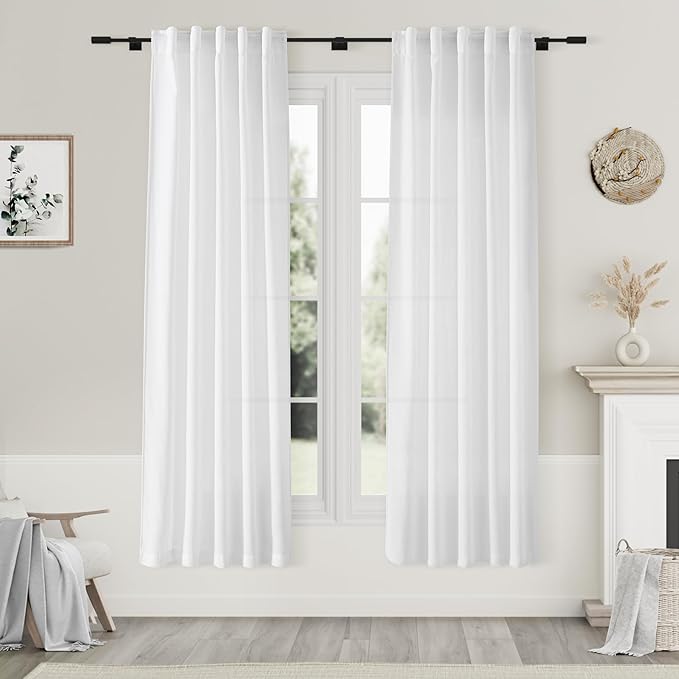 Nanspring Linen 72 Inch Curtains for Living Room Pure White Modern Farmhouse Semi Sheer Curtains Back Tab and Rod Pocket Linen Textured Curtain Drapes for Bedroom 34 x 72 Inch, 2 Panels