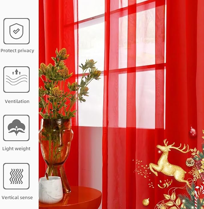 youleyar Solid Sheer Rod Pocket Curtain Voile Draperies 4 Panels White Beige Black Grey Ivory 52 Inch Width 45 Inch Long 1 Pair for Kitchen Bedroom Children Living Room Yard(Red,52 Wｘ45 L)