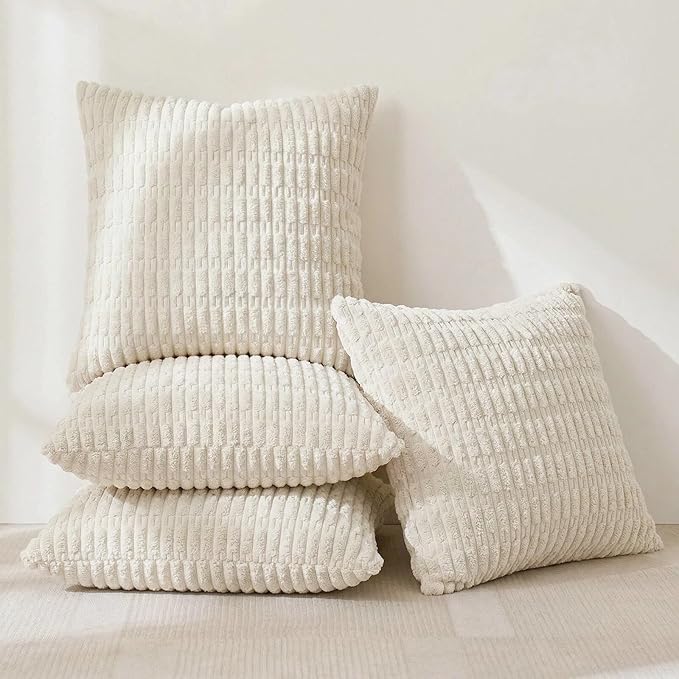 Fancy Homi 4 Packs Boho Cream Decorative Throw Pillow Covers 26x26 Inch for Living Room Couch Bed Sofa, Rustic Modern Farmhouse Home Decor, Soft Plush Corduroy Beige Cute Square Cushion Case 66x66 cm