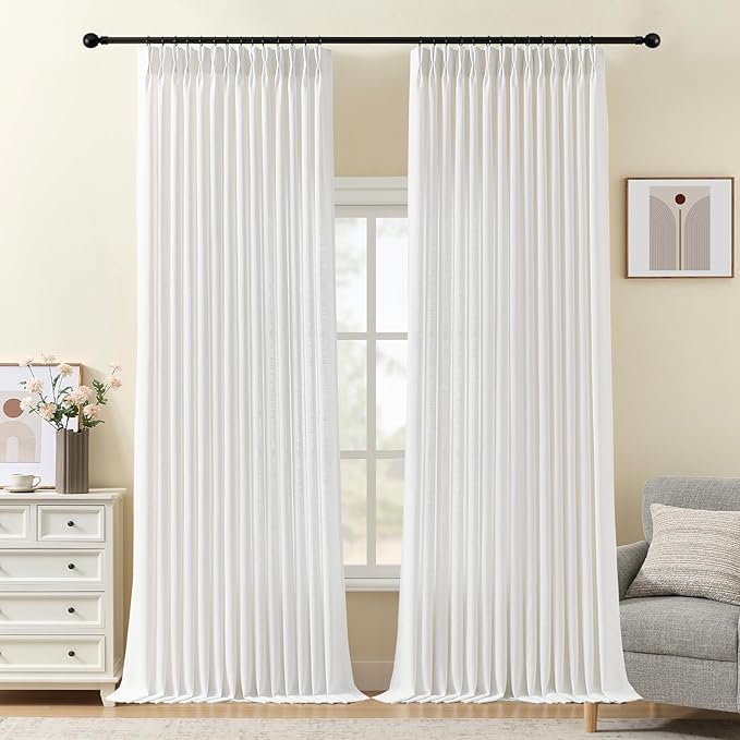 Snow White Pinch Pleated Curtains 96 inches long for Living Room, Semi Sheer Privacy Linen Blended Curtain Memory Trained Back Tab Drapes with Rings Hooks for Bedroom Office, 2 Panels, W40xL96