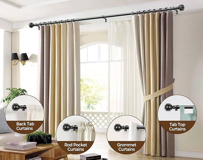 KAMANINA 2 Pack Curtain Rods for Windows 48 to 84 Inch, Black Heavy Duty Curtain Rod Adjustable, 7/8 Inch Single Decorative Drapery Rods 32 to 86 Inch(2.6-7.1Ft), Netted Texture Finials
