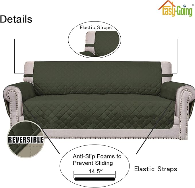 Easy-Going Reversible Loveseat Couch Cover for 2 Cushion Couch Sofa Cover for Dogs Water Resistant Furniture Protector with Foam Sticks Elastic Straps for Pet (Loveseat, Army Green/Beige)