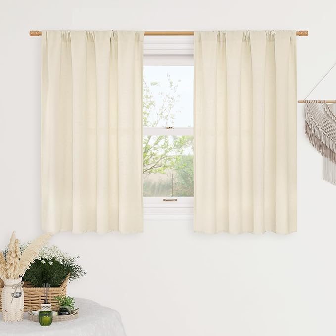 LAMIT Light Beige Linen Semi Sheer Curtains 45 Inch for Bedroom, Light Filtering Neutral Privacy Window Curtains Boho Rod Pocket Living Room Decor Panels for Loft Room, 2 Panels, 42 x 45 Inch