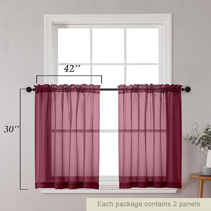 Burgundy Kitchen Curtains 30 Inch Length Tier 2 PCS, Solid Soft Airy Half Curtains for Windows, Sheer Rod Pocket Drapes for Bathroom Basement Small Window, Burgundy, 42" Wx30 L Inches