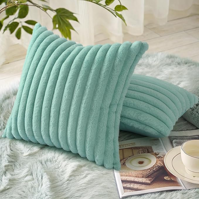decorUhome Summer Cozy Faux Fur Throw Pillow Covers 16x16 Set of 2 Decorative Soft Plush Striped Modern Farmhouse Boho Couch Pillow Cases with Velvet Back for Sofa Bed Living Room, Aqua