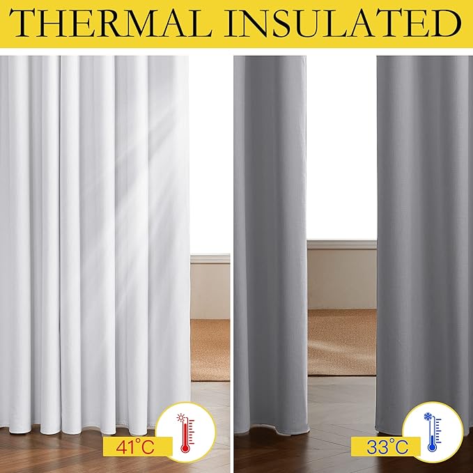 NICETOWN 100% Absolutely Blackout Linen Curtains with Thermal Insulated White Liner, White, 42 inches Wide, 72 inches Length Energy Saving Curtains for Living Room 2 Panels Set, Vertical Blinds