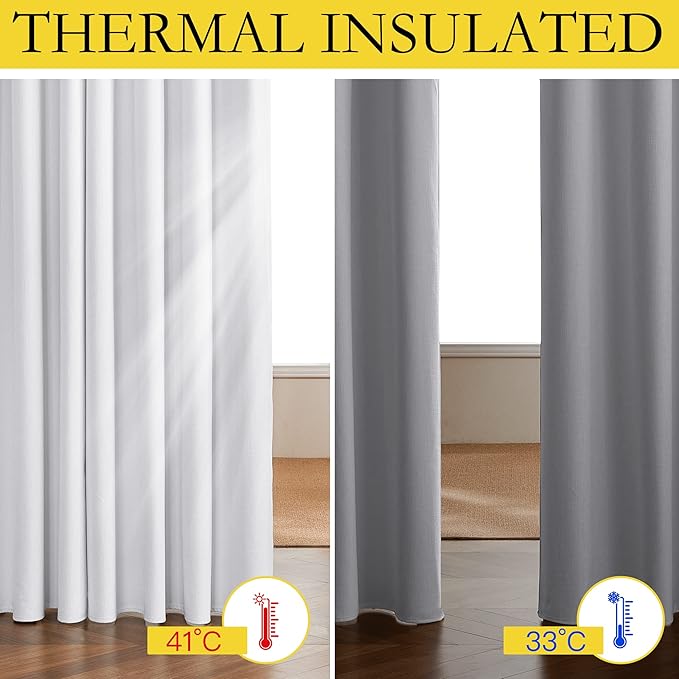 NICETOWN 100% Absolutely Blackout Linen Curtains with Thermal Insulated White Liner, White, W62, 2 Pieces, Noise Reducing Textured Linen Look Curtains for Windows 95 inch Length for Classroom