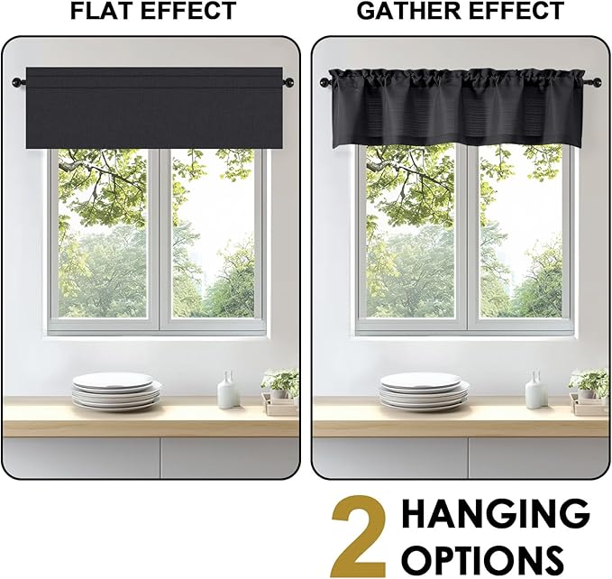 OWENIE Bob 1 PCS Black Valances for Windows, Faux Linen Textured Kitchen Window Curtains Valance for Bedroom Living Room, Modern Soft Airy Solid Rod Pocket Bathroom Cafe Curtain, 60Wx24L Inch