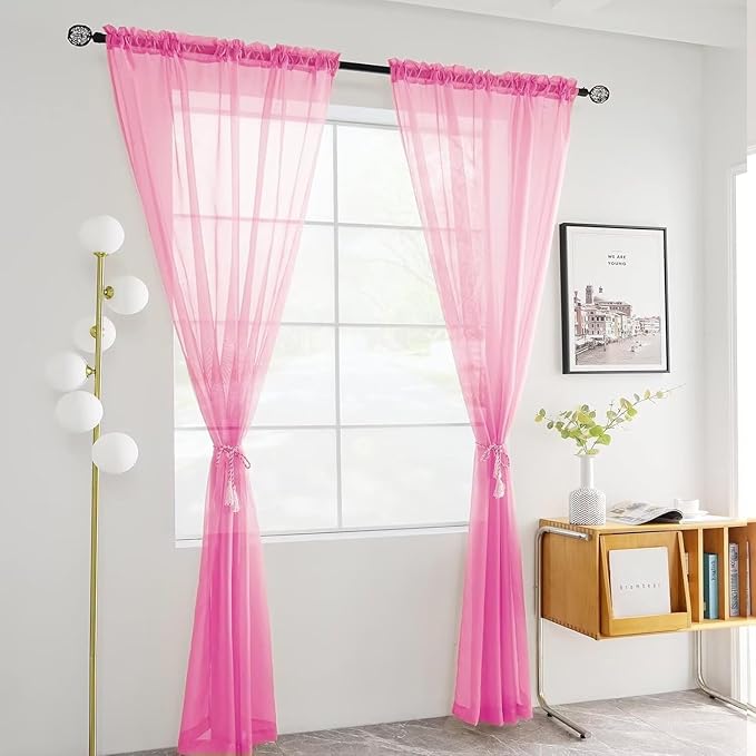 youleyar Solid Sheer Rod Pocket Curtain Voile Draperies 2 Panels White Beige Black Grey Ivory 70 Inch Width 72 Inch Long 1 Pair for Kitchen Bedroom Children Living Room Yard (Pink,70Wｘ72L)