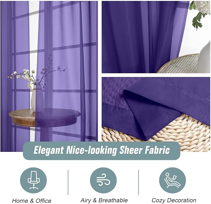 Purple Sheer Curtains for Window 72 inches Long 2 Panels Set, Soft Airy Modern Light Filtering Sheer Curtains for Living Room Bedroom, Dual Rod Pocket Solid Window Drapes, 2x42Wx72L inches