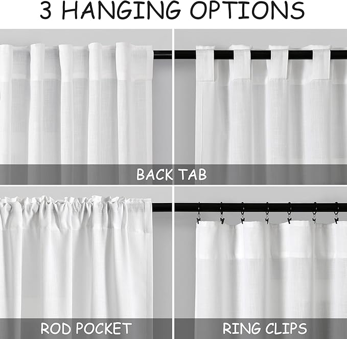White Linen Curtains 96 Inches Long 2 Panels Set Back Tab Rod Pocket Semi Sheer Light Filtering Window Curtain Drapes Neutral Modern Aesthetic Long Curtains for Living Room Bedroom Decor 42x96