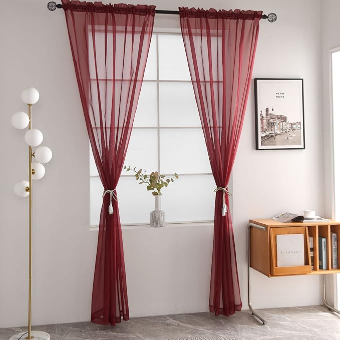 SpaceDresser Basic Rod Pocket Sheer Voile Window Curtain Panels Burgundy 1 Pair 2 Panels 52 Width 96 Inch Long for Kitchen Bedroom Children Living Room Yard(Burgundy,52 W x 96 L)