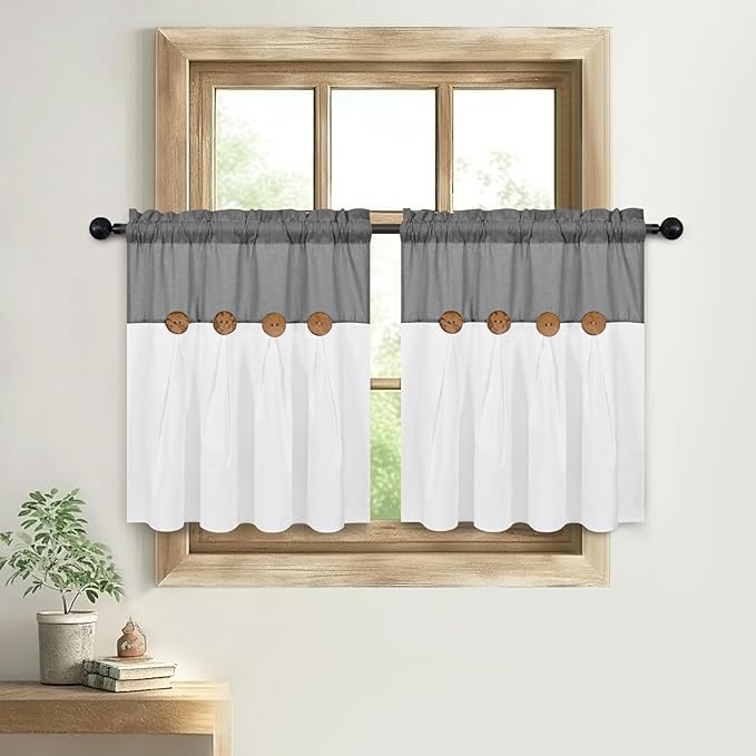 Boho Kitchen Curtains 24 Inch Length, Farmhouse Cotton Linen Tier Curtain, Rustic Button Short Curtains for Windows, Grey Country Cafe Drapes, Rod Pocket Small Window Curtain for Kitchen, 26x24