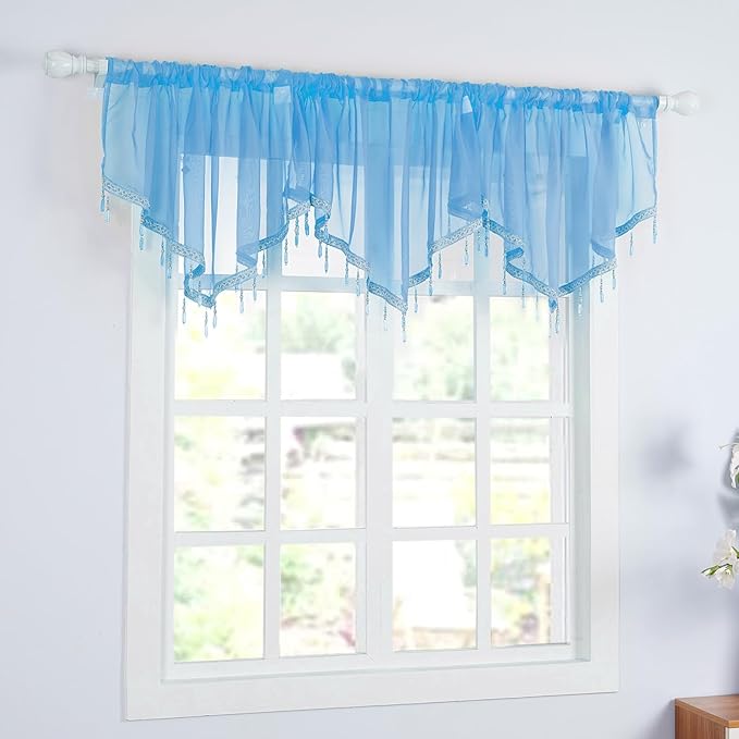 Molaxhome Lace Valance Swag Curtain 51 Inch Scalloped Sheer Curtain Panels with Crystal Beads - Rod Pocket Farmhouse Window Treatment for Kitchen Bedroom 1pc Boho Chic Drape Decor Blue