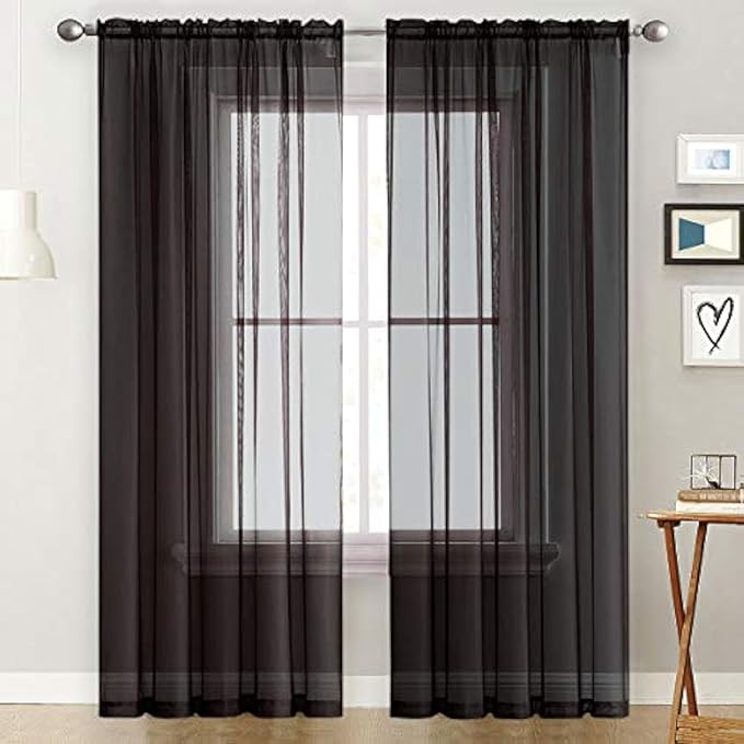 SpaceDresser Basic Rod Pocket Sheer Voile Window Curtain Panels White 1 Pair 2 Panels 60 Width 108 Inch Long for Kitchen Bedroom Children Living Room Yard(Black,60 W x 108 L)