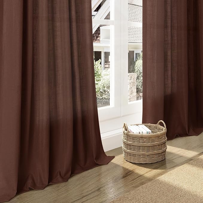 Nanspring Rustic Brown Linen Curtains 72 Inch Length for Living Room Semi Sheer Light Filtering Door Drapes 2 Panels Set for Kids Bedroom Back Tab Rod Pocket Modern Farmhouse Decor 52x72