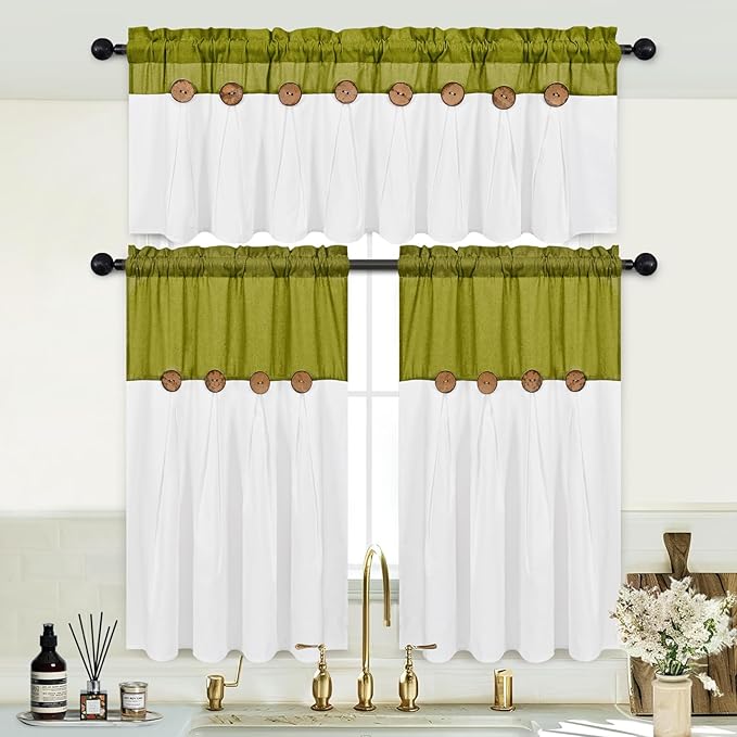 FRAMICS Farmhosue Kitchen Curtains 36 Inch Length, Rustic Cotton Linen Tier Curtains, Boho Button Short Curtain for Windows, Rod Pocket Small Window Curtain, Fresh Green and White, 26x36