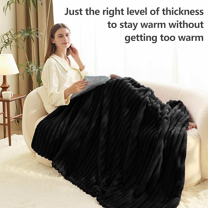 HIMEET Black Ribbed Queen Size Blanket for Bed - 300GSM Lightweight Fleece Blanket for Men Women, Large Cozy Sofa Couch Cover Bed Blankets Gifts, Striped Spring Home Room Decor, Black, 90x90 Inches