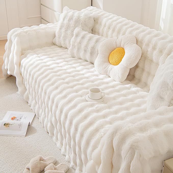 HANDONTIME White Sofa Covers Dog Couch Cover Rabbit Plush L Shaped Couch Covers Faux Fur Sofa Slipcovers for 3 Seat Cushion Couches Shaggy Couch Cover Blanket Washable Thick Soft, 71" X150"