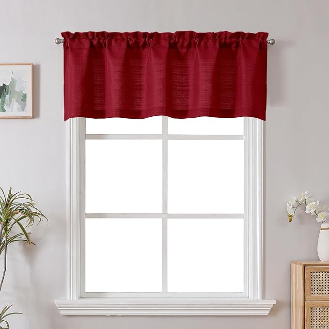Chyhomenyc Red Short Curtain Valance for Windows, Faux Linen Textured Half Window Curtains, Burlap Solid Topper Small Curtain Valance for Bathroom Laundry Basement, 60Wx18L Inch, 1 Piece