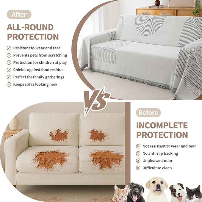 Couch Cover for Dogs, Boho Sofa Covers for 3 Cushion Couch, Chenille Sofa Slipcover for Pets Washable, L-Shape Sectional Couch Loveseat Cover Soft Throw Blankets with Tassels(91x134,Arc Grey)