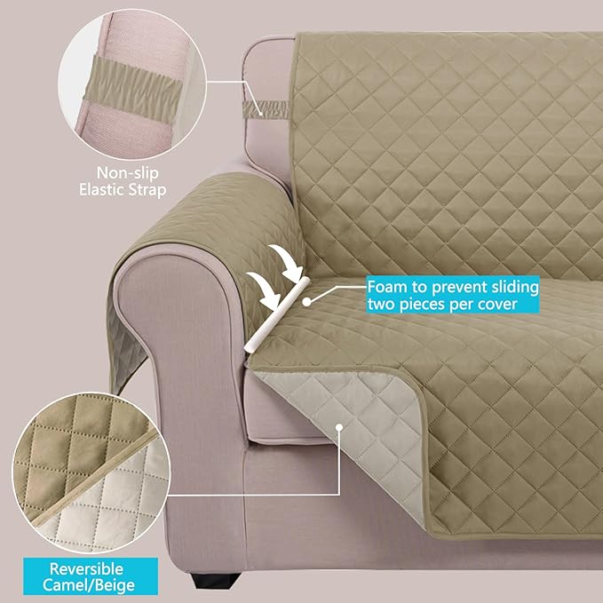 U-NICE HOME Recliner Chair Covers Reversible Chair Cover Pet Covers for Dogs with Elastic Straps Water Resistant Diamond Quilted (28''Recliner Oversized, Light Camel/Beige)
