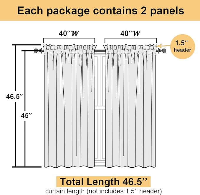 Lecloud Black Sheer Curtains 45 Inch Long 2 Panels, Short Voile Drapes for Dinning Small Windows, Light Filtering Voile Curtain for Living Room Bedroom Bathroom, Dual Rod Pocket, 40" Wx45 L