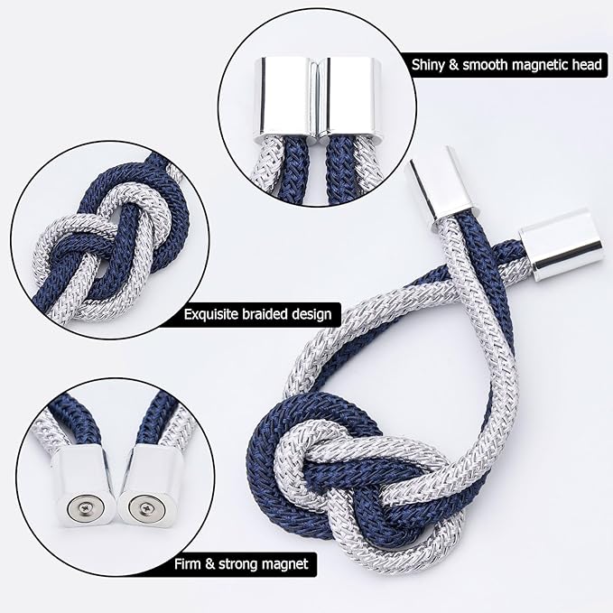 NICEEC 4 Pack Mini Magnetic Curtain Tiebacks Nordic Simple Style Drape Tie Backs Elegant Hand Weave Rope Knot Decorative Curtain Holdbacks for Home & Office Thin Window Drapery (Dark Blue & Grey)