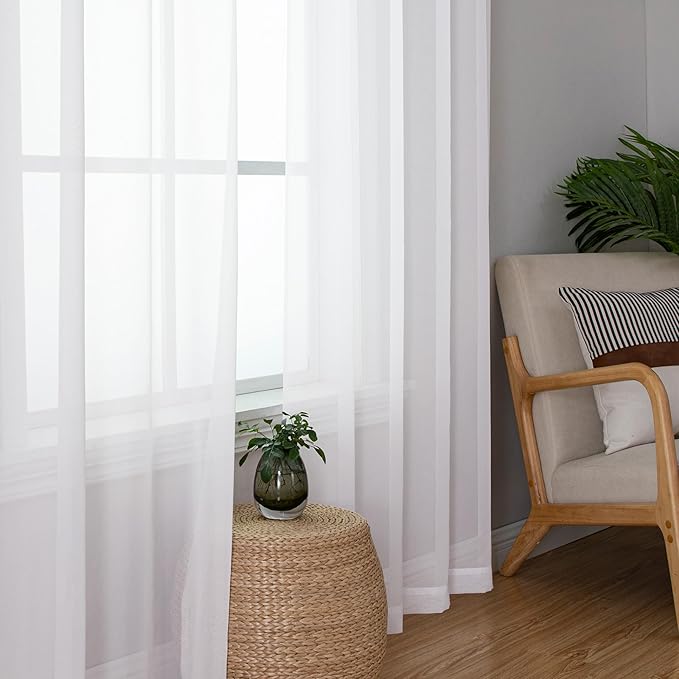 Chyhomenyc White Sheer Curtains 108 Inch Length 2 Panels Set, Extra Long Light Filtering Solid Voile Window Drapes for Living Room Party Ceremony, 42Wx108L, 9FT Length, Set of 2, White