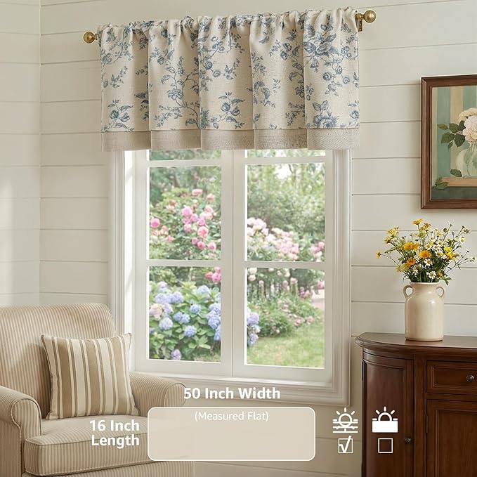 jinchan Amlie Floral Linen Valance Curtain Farmhouse Kitchen Valance for Living Room Laundry Light Filtering Double Layer Cottagecore Window Treatment Rod Pocket 1 Panel 16 Inch Blue on Linen
