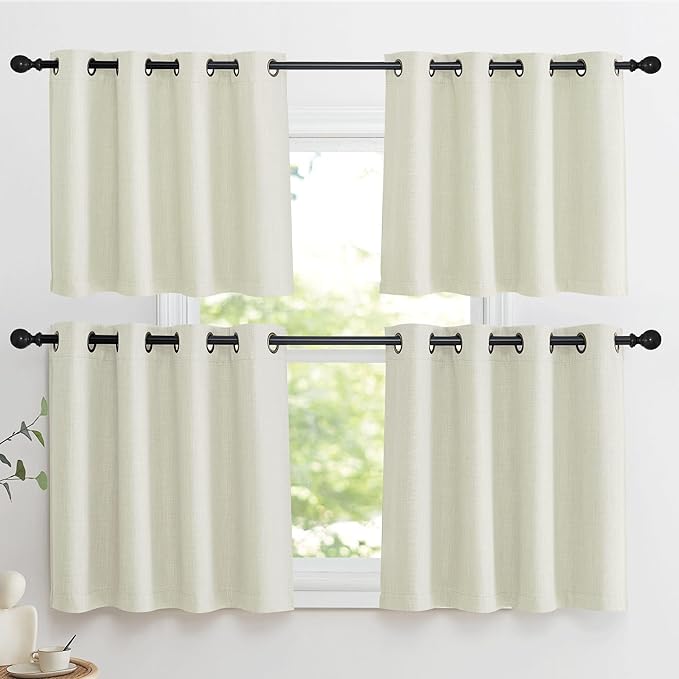 NICETOWN Natural Linen Room Darkening Curtain Valances for, Grommet Faux Linen Blend Short Curtains Thermal Insulated Window Tiers for Kitchen Over Sink, W52 x L30, Set of 2