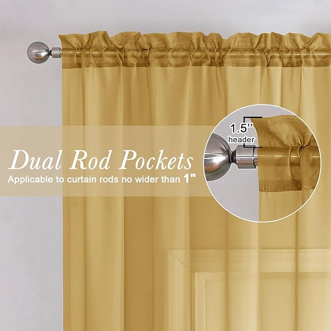 Lecloud Gold Sheer Curtains 90 Inches Long 2 Panels Set, Living Room Curtains for Bedroom Decor Dual Rod Pocket, Farmhouse Airy Light Filtering Solid Dining Room Drapes, Each Panel 59" W x 90" L