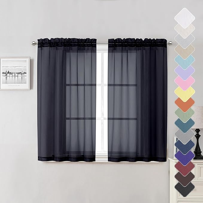 Lecloud Black Sheer Curtains 45 Inch Long 2 Panels, Short Voile Drapes for Dinning Small Windows, Light Filtering Voile Curtain for Living Room Bedroom Bathroom, Dual Rod Pocket, 40" Wx45 L