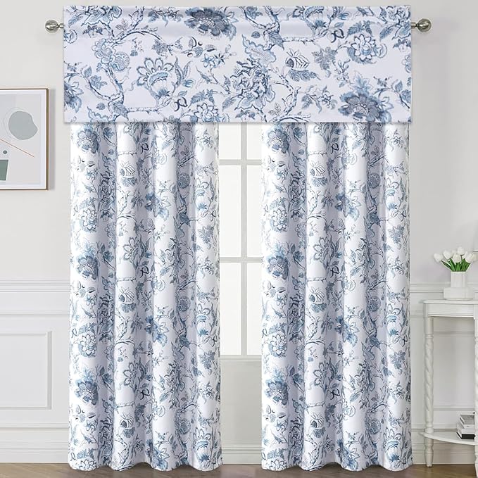 H.VERSAILTEX Blackout Curtain Valances for Kitchen Window/Living Room/Bathroom Privacy Added Rod Pocket Home Decoration Winow Valance, 52" W x 18" L, Floral in Storm Blue