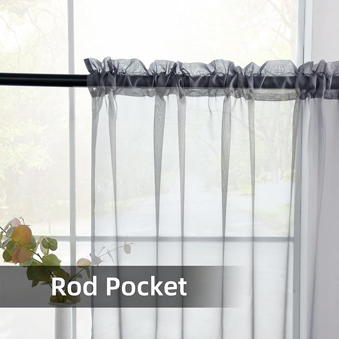youleyar Solid Sheer Rod Pocket Curtain Voile Draperies 2 Panels White Beige Black Grey Coffee 38 Inch Width 84 Inch Long 1 Pair for Kitchen Bedroom Children Living Room Yard(Grey,38Wｘ84L)