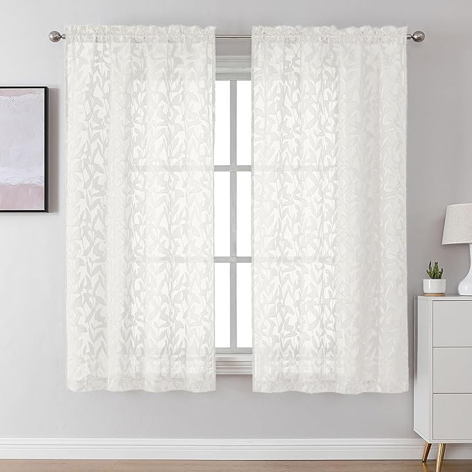 Lecloud Leia Ivory Sheer Curtains 63 Inch Length 2 Panels, Rustic Light Filtering Privacy Voile Leaf Aesthetic Curtain, Dual Rod Pockets Drapes for Living Room Dining Room, Each 42" W x 63" L