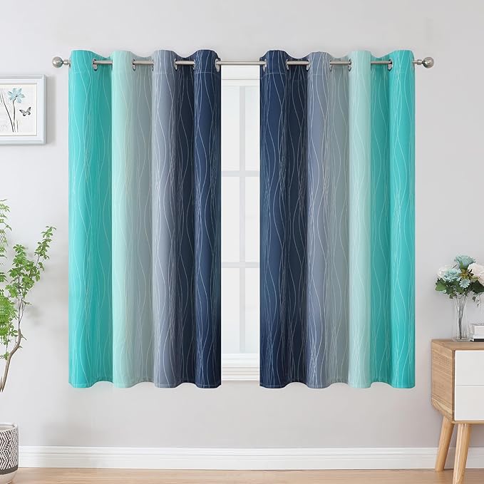 Estelar Textiler Navy Blue and Teal Blackout Curtains 54 Inch Length, Full Light Blocking Gradient Grommet Drapes for Living Room, Thermal Insulated Ombre Curtains for Bathroom,52Wx54L,2 Panels