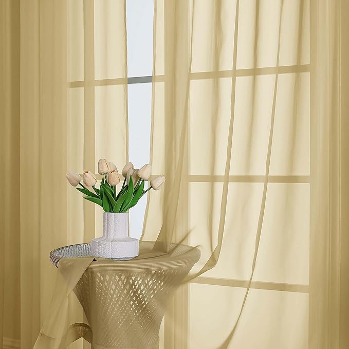OWENIE Extra Long Gold Sheer Curtains 96 Inches Long 2 Panels Set, Soft Lightweight Airy Voile Sheer Curtain for Bedroom Living Room, Rod Pocket Solid Color Farmhouse Curtains, 59" Wx96 L Inch