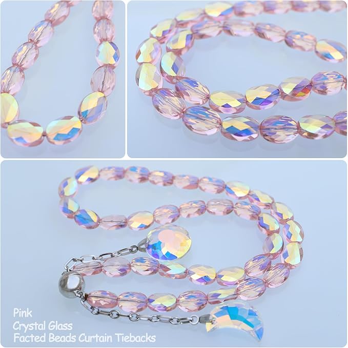 PEDOBO Magnetic Curtain Tiebacks, 2 Pack Crystal Beaded Sun & Moon Pendants Sheers/Draperies Holdbacks for Window Home Office Decor (Pink)