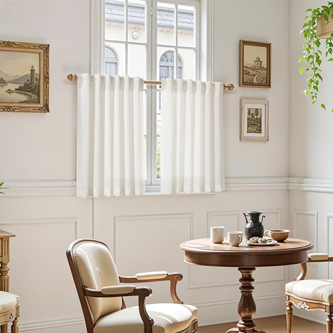 Nanspring 45 Inch Short Window Linen Curtains,Kitchen Window Curtains Over Sink Light Filtering Back Tab and Rod Pocket Neutral Drapes for Cafe/Bathroom/Loft Room Natural, 2 Panels 34 x 45 Inch