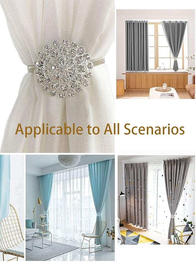 Magnetic Tiebacks for Curtains, 2 Pack Sparkling Crystal Flower Curtain Tiebacks Curtain Buckle Clips with High-Elastic Spring Wire for Home Office Decoration (Peacock Blue)
