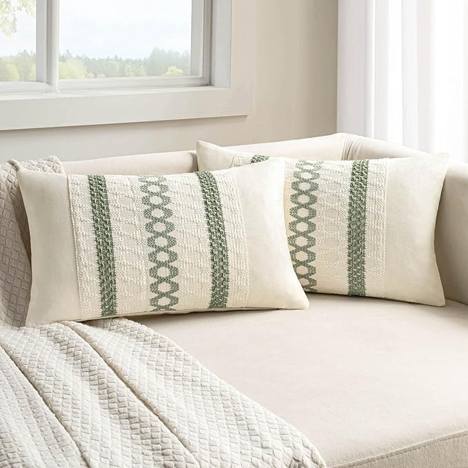 MIULEE Set of 2 Sage Green Boho Decorative Lumbar Pillow Covers 12x20 Inch Farmhouse Rustic Couch Throw Pillows Modern Summer Cushion Covers Retro Cute Macrame Woven Spring Decor for Bed Sofa Chair