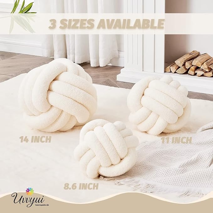 Uvvyui Knot Pillow Ball, Soft Home Decorative Pillows, Round Throw Pillow, Handmade Knotted Plush Pillow, Round Boucle Pillow Cushion (Medium (Pack of 1) Cream)
