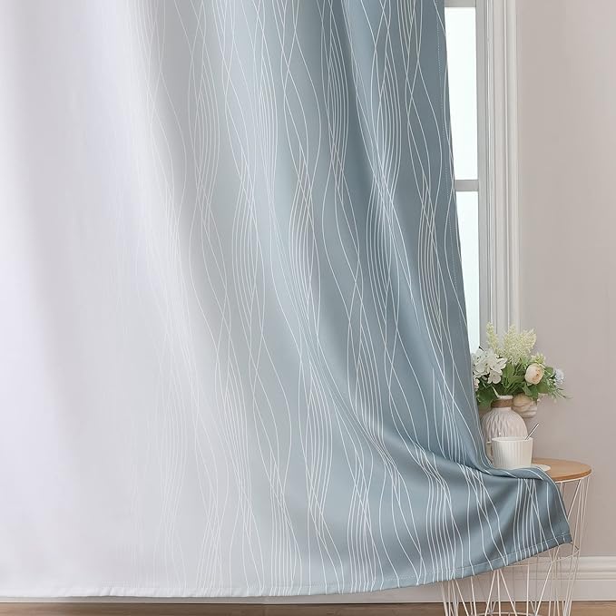 Estelar Textiler Stone Blue and Greyish White Gradient Room Darkening Blackout for Living Room, Thermal Insulated Ombre Light Blocking Grommet Blackout Drapes for Bedroom, 42Wx84L, 2 Panels