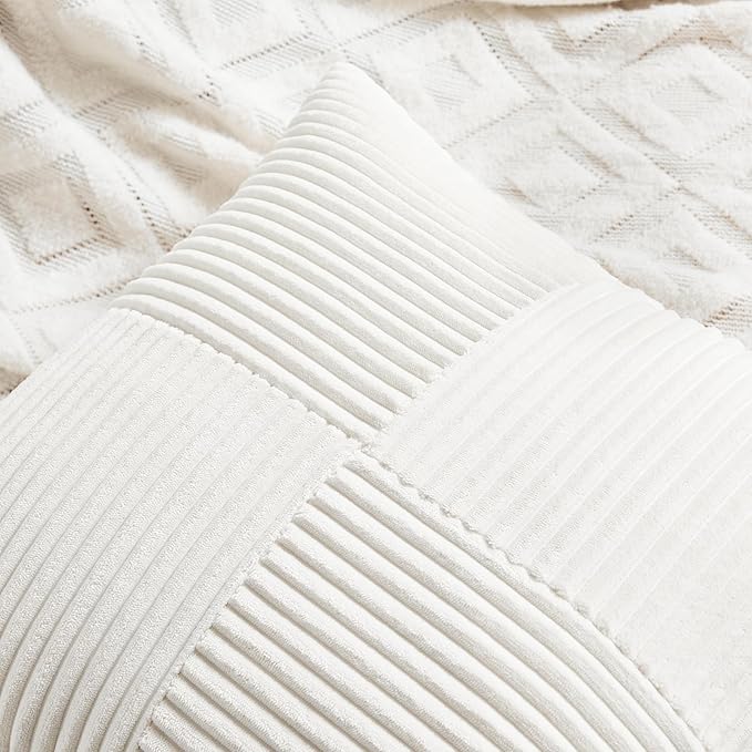 Fancy Homi 2 Packs Cream White Lumbar Decorative Throw Pillow Covers 16x28 Inch for Couch Bed Sofa, Rustic Farmhouse Boho Home Decor, Soft Striped Corduroy Rectangle Accent Cushion Case 40x70 cm