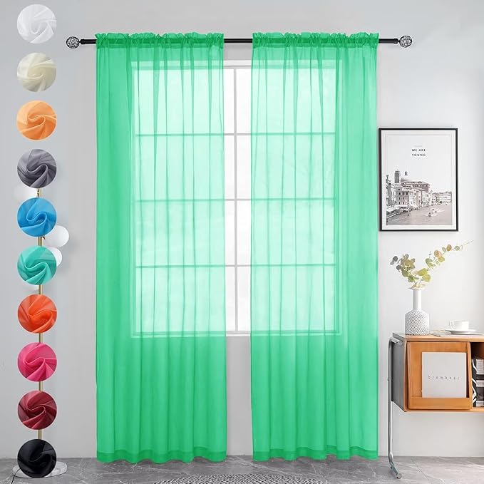 youleyar Solid Sheer Rod Pocket Curtain Voile Draperies 2 Panels White Beige Black Grey Ivory 52 Inch Width 90 Inch Long 1 Pair for Kitchen Bedroom Children Living Room Yard (Grass Green,52Wｘ90L)